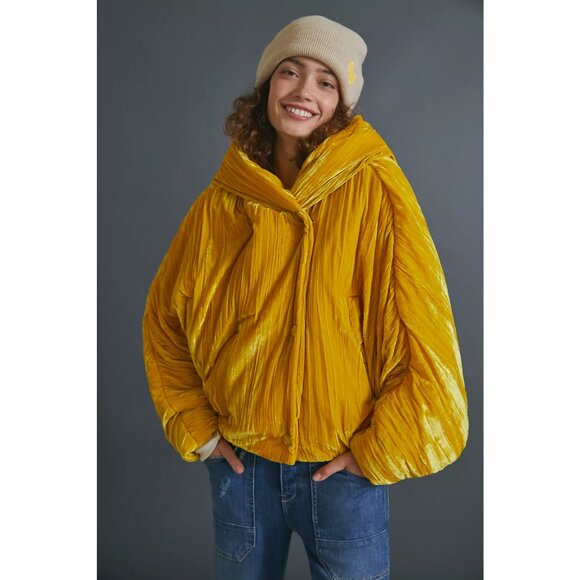 OOF WEAR Womens Velvet Puffer Bomber Jacket Sunflower Golden Yellow Anthro - Picture 6 of 13